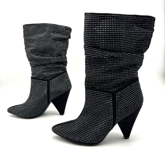 Vintage Y2K Report 'CASI' Black Faux Suede Rhinestone Block Heel Slouchy Boots 6 - Picture 6 of 15